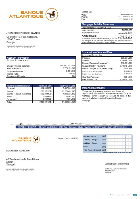 Download Senegal Banque Atlantique mortgage statement in Word and PDF formats Photoshop template